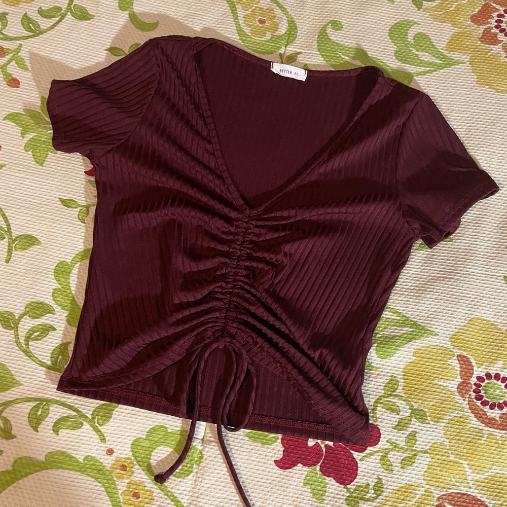betterbe maroon ribbed crop top with adjustable strings